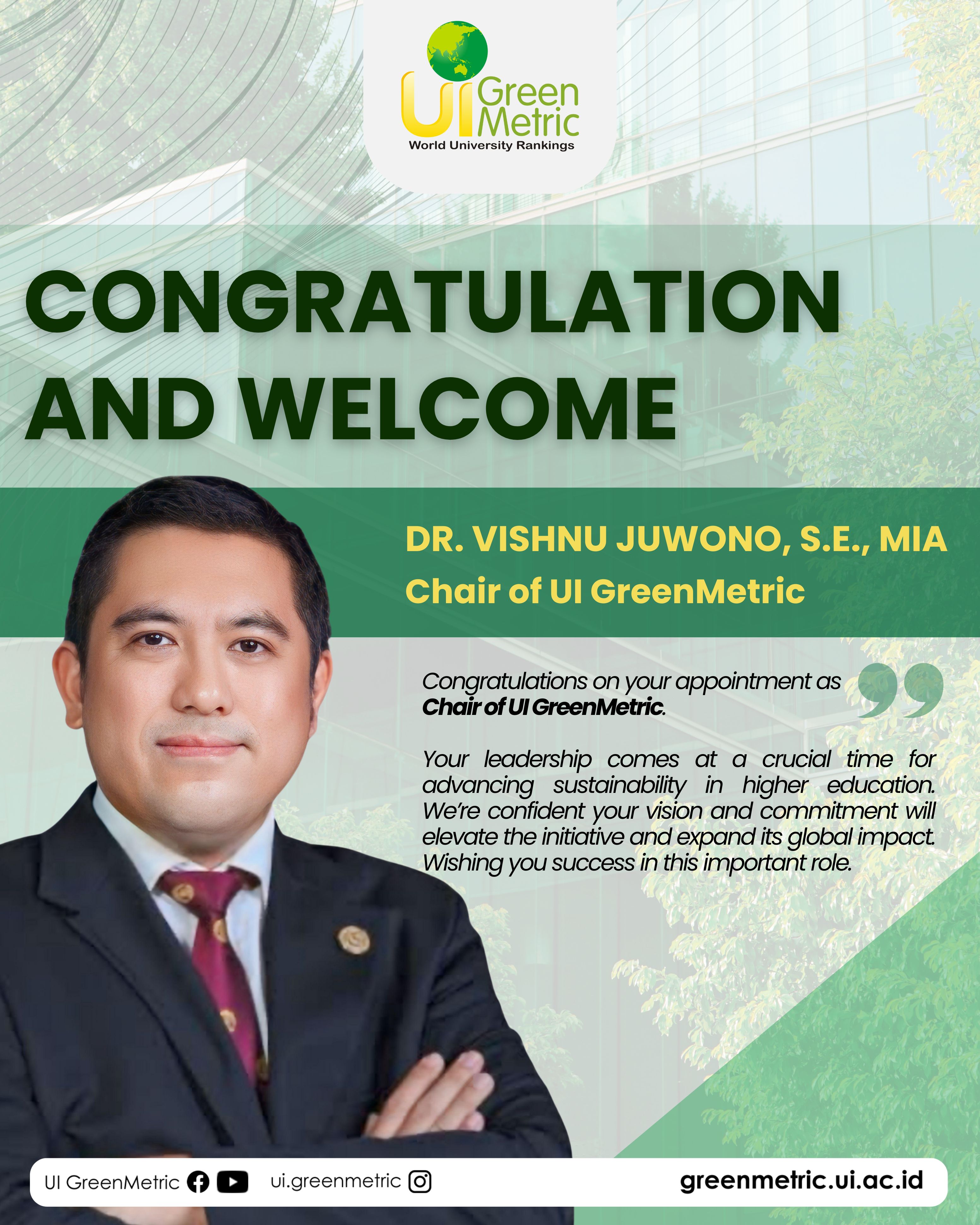 Welcoming Dr. Vishnu Juwono as the New Chair  of UI GreenMetric World University Rankings