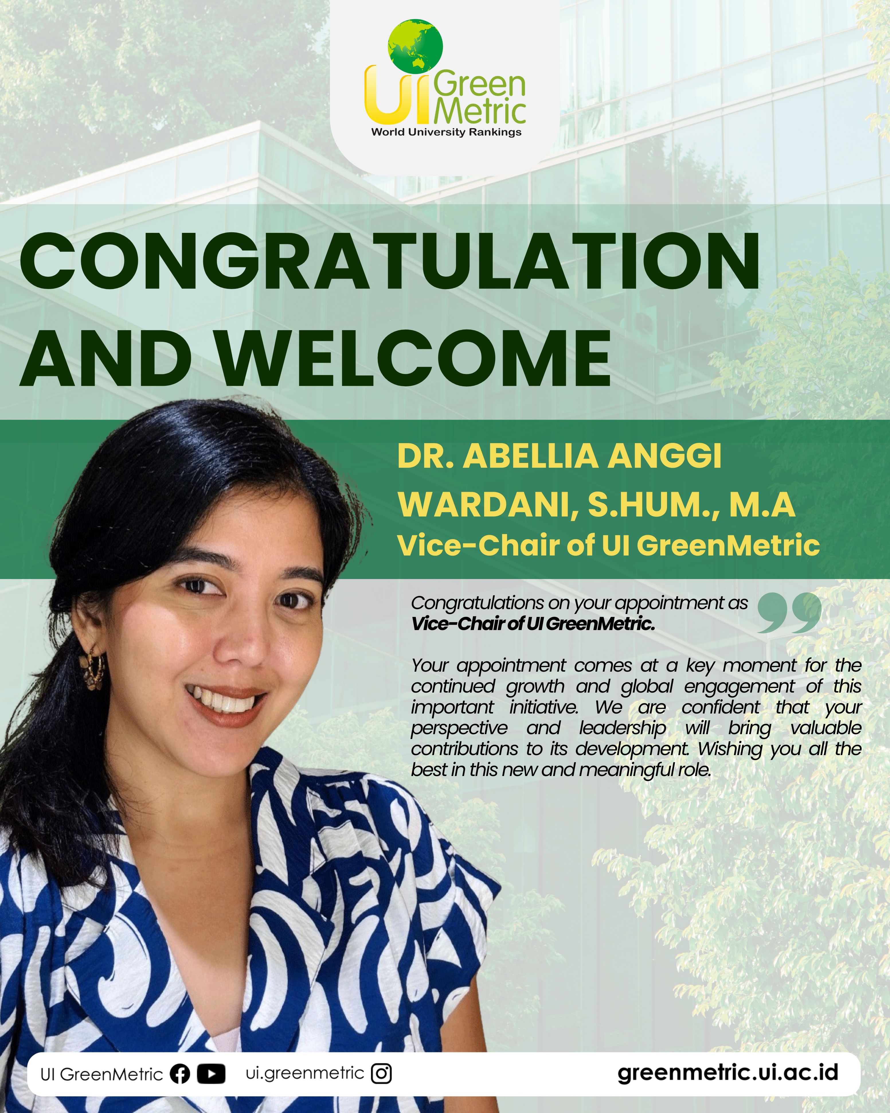 UI GreenMetric Welcomes Dr. Abellia Anggi Wardani as Vice-Chair to Support the Advancement of Sustainability in Higher Education
